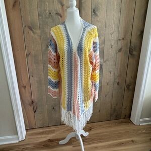 POL Yellow and Pink Crochet Fringe Cardigan - 059